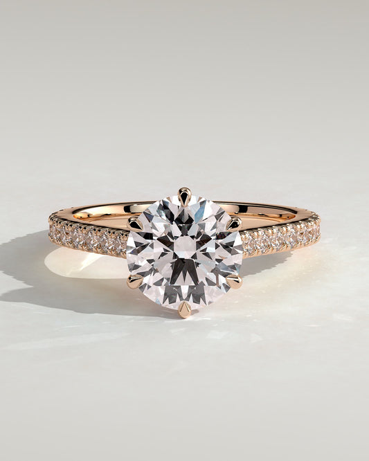 Maisy - Round Claw Solitaire with Pave Band and Cathedral High Setting Engagement Ring - Rose Gold