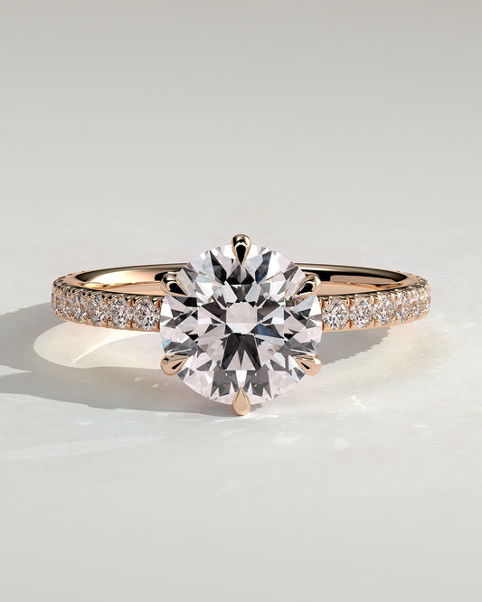 Naomi - Round Claw Solitaire with Crown Gallery and Pave Band Engagement Ring - Rose Gold