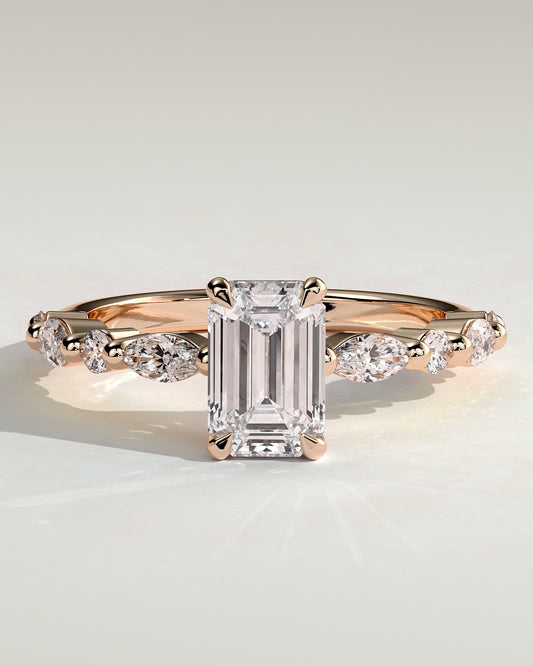 Parker - Emerald Claw Solitaire with Marquise and Round Accent Stones Engagement Ring - Rose Gold