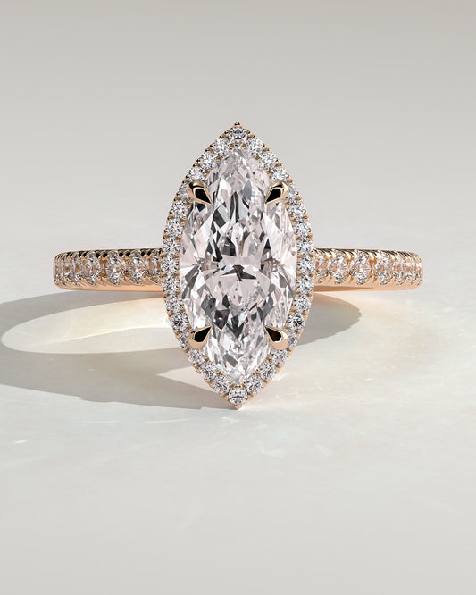 Stefania - Marquise Claw Solitaire with Halo and Pave Band and Cathedral High Setting Engagement Ring - Rose Gold
