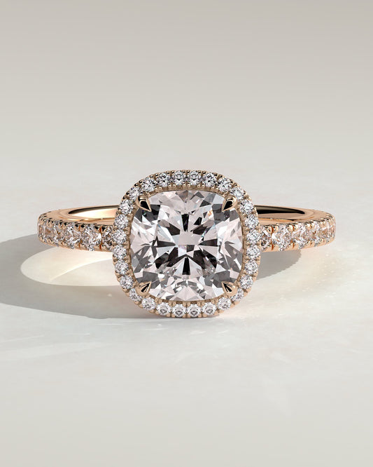 Suzana - Cushion Claw Solitaire with Halo and Pave Band Engagement Ring - Rose Gold