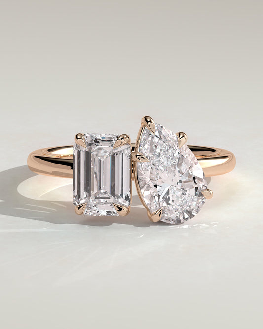 Tahlia - Emerald and Pear Claw Toi et Moi with Hidden Halo Engagement Ring - Rose Gold