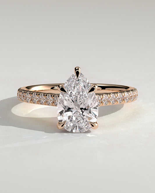 Katrina - Pear Claw Solitaire with Hidden Halo, Pave Band and Cathedral High Setting Engagement Ring - Rose Gold