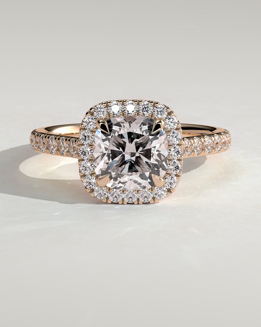 Nicole - Cushion Claw Solitaire with Halo and Pave Band and Cathedral High Setting Engagement Ring - Rose Gold