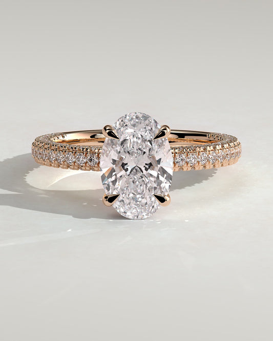 Penelope - Oval Claw Solitaire with Hidden Halo and Triple Pave Band Engagement Ring - Rose Gold