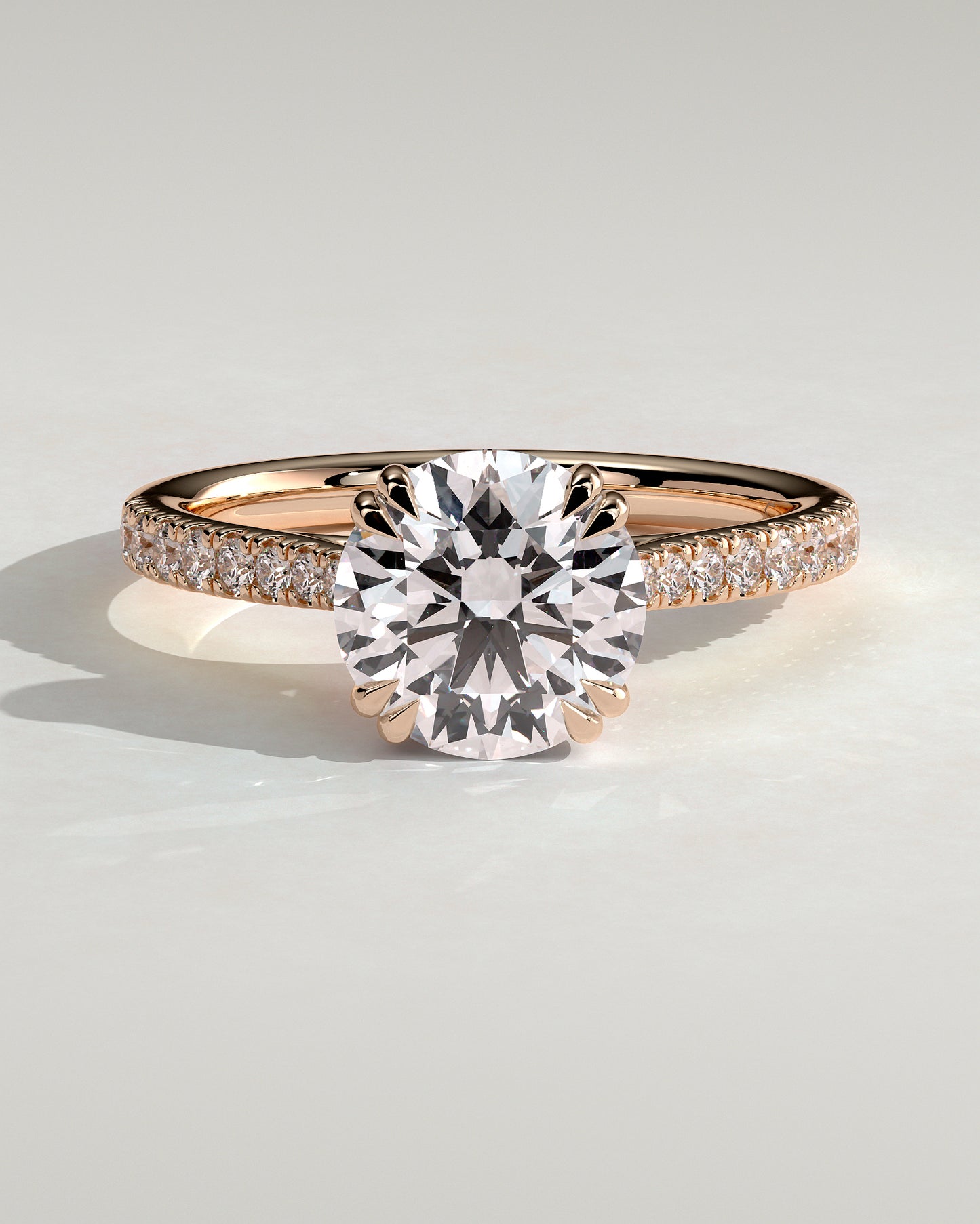 Amelia - Round Double Claw Solitaire with Hidden Halo, Tapered Pave Band and Cathedral High Setting Engagement Ring - Rose Gold - Rose Gold 2ct