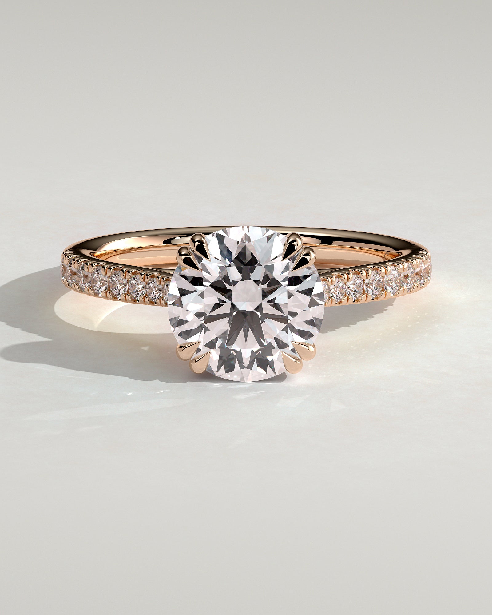 Amelia - Round Double Claw Solitaire with Hidden Halo, Tapered Pave Band and Cathedral High Setting Engagement Ring - Rose Gold - Rose Gold 2ct