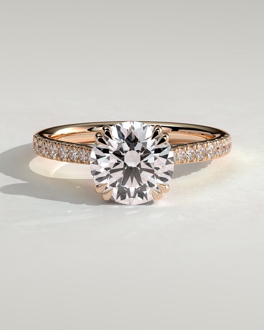 Amelia - Round Double Claw Solitaire with Hidden Halo, Tapered Pave Band and Cathedral High Setting Engagement Ring - Rose Gold - rose gold - Lara Jewels