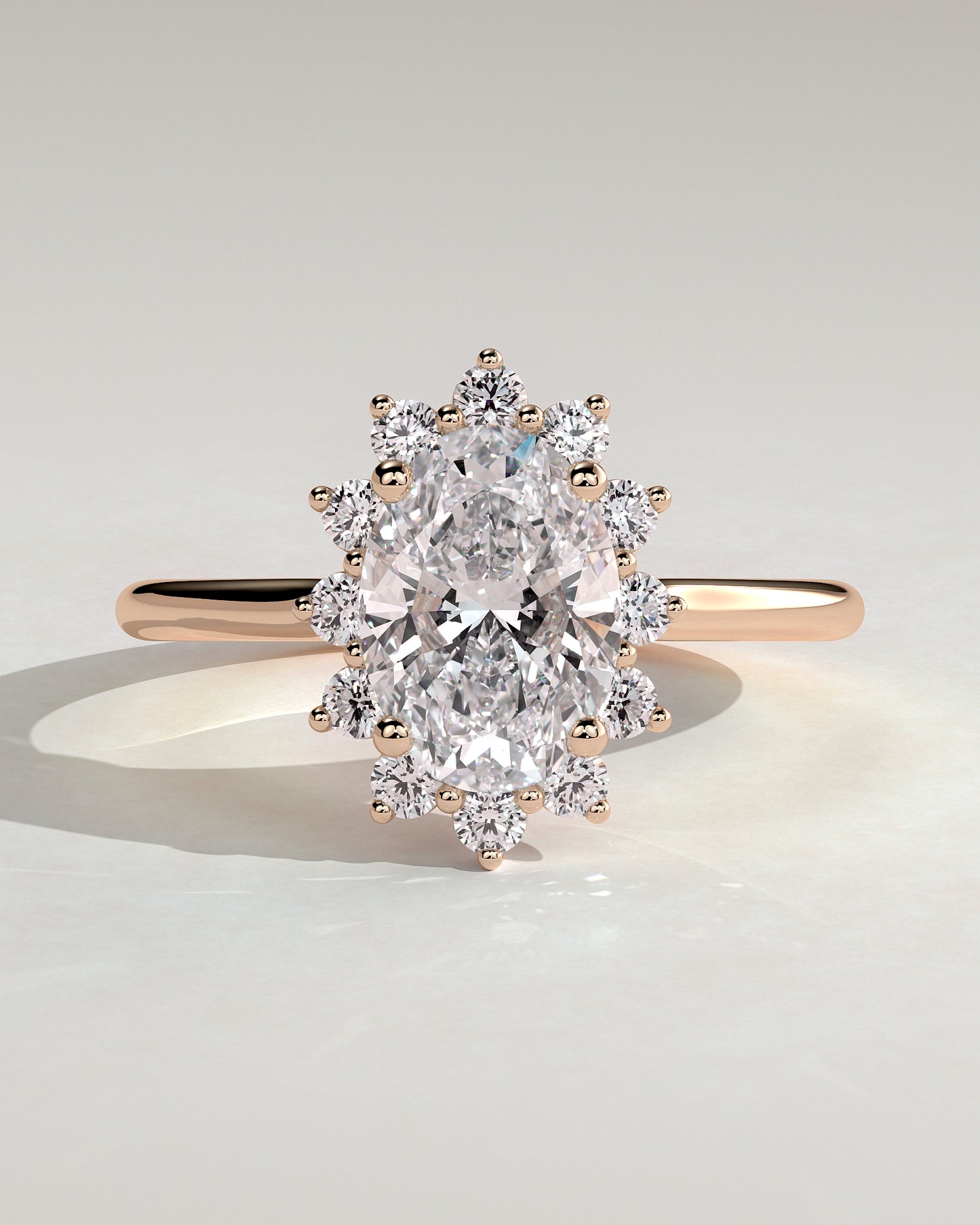 Arielle - Oval Claw Solitaire with Sunburst Halo and Cathedral High Setting Engagement Ring - Rose Gold - Rose Gold 2ct