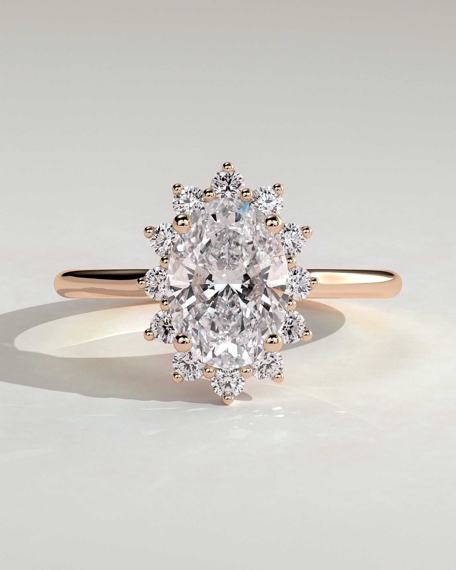 Arielle - Oval Claw Solitaire with Sunburst Halo and Cathedral High Setting Engagement Ring - Rose Gold - Rose Gold 2ct