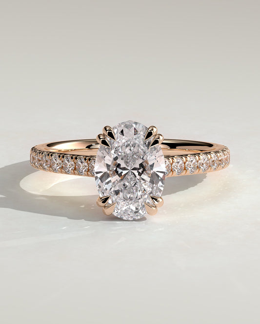 Sasha - Oval Double Claw Solitaire with Hidden Halo, Pave Band and Cathedral High Setting Engagement Ring - Rose Gold