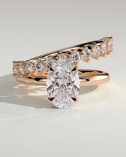 Athena - Oval Claw Solitaire with Double Plain-and-Round-Accent Stones Band Engagement Ring - Rose Gold