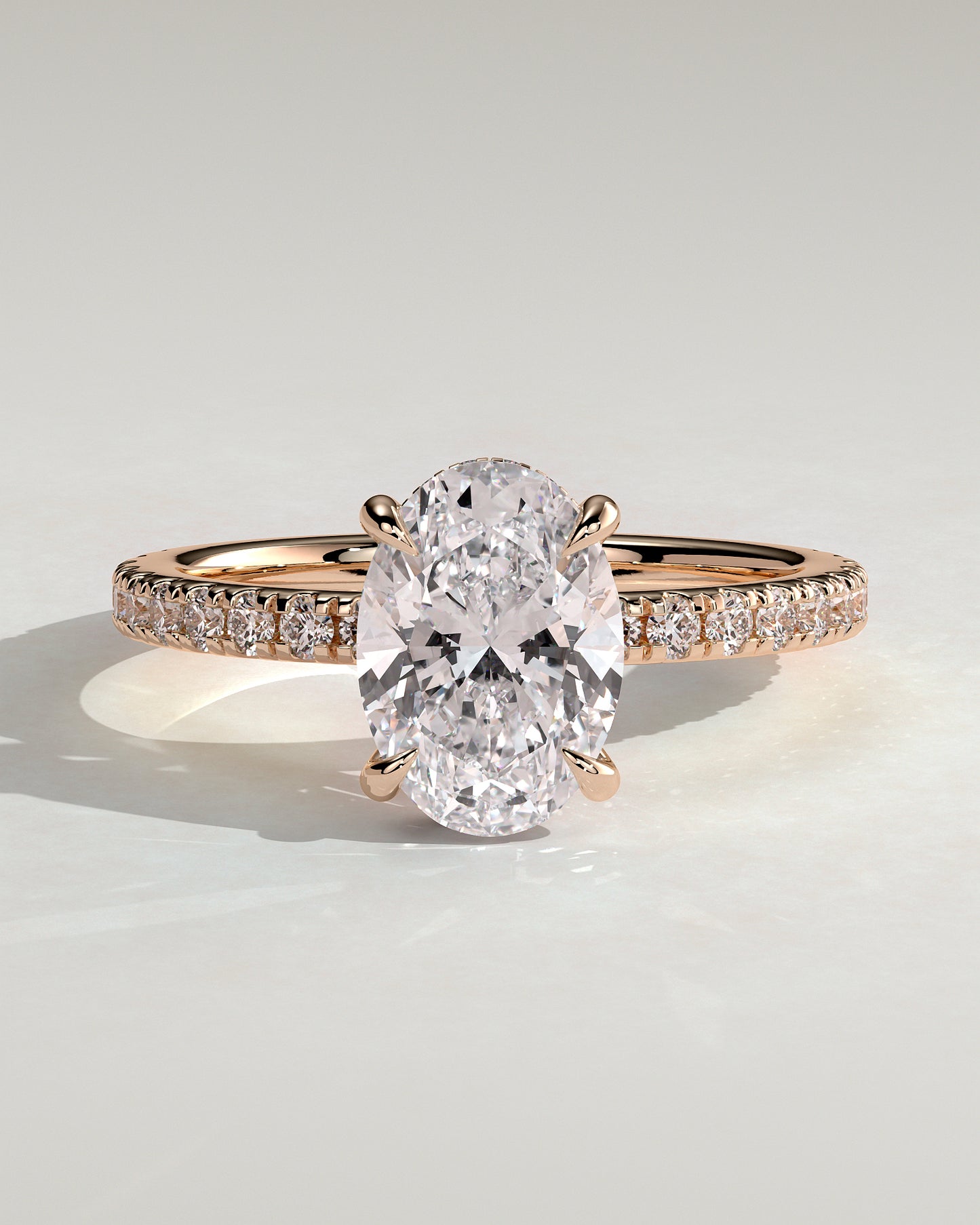 Evangeline - Oval Claw Solitaire with Wrap Around Hidden Halo and Pave Band Engagement Ring - Rose Gold - Rose Gold 2ct
