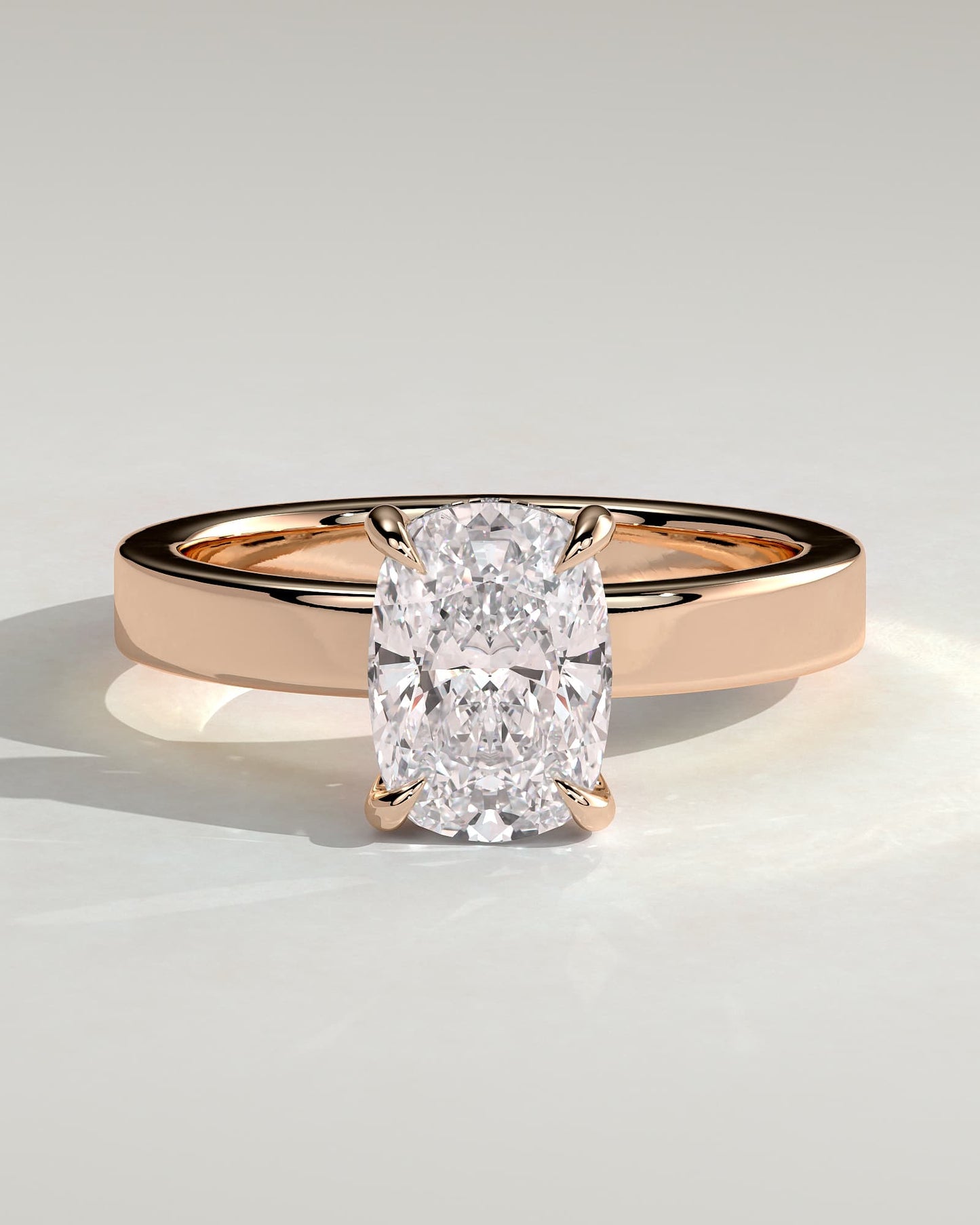 Kai - Elongated Cushion Claw Solitaire with Flat Cigar Band and Hidden Halo Engagement Ring - Rose Gold