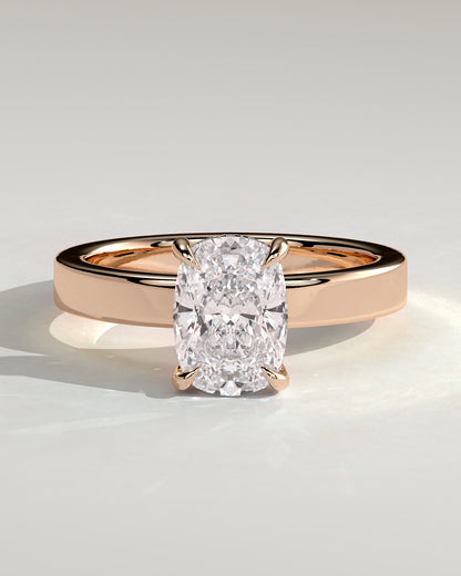 Kai - Elongated Cushion Claw Solitaire with Flat Cigar Band and Hidden Halo Engagement Ring - Rose Gold