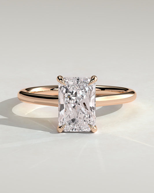 Melody - Radiant Claw Solitaire with Hidden Halo and Cathedral High Setting Engagement Ring - Rose Gold