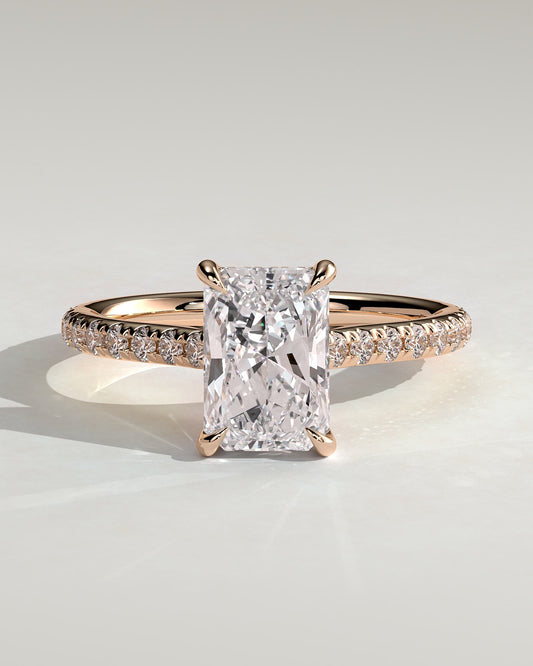 Racquel - Radiant Claw Solitaire with Hidden Halo, Pave Band and Cathedral High Setting Engagement Ring - Rose Gold
