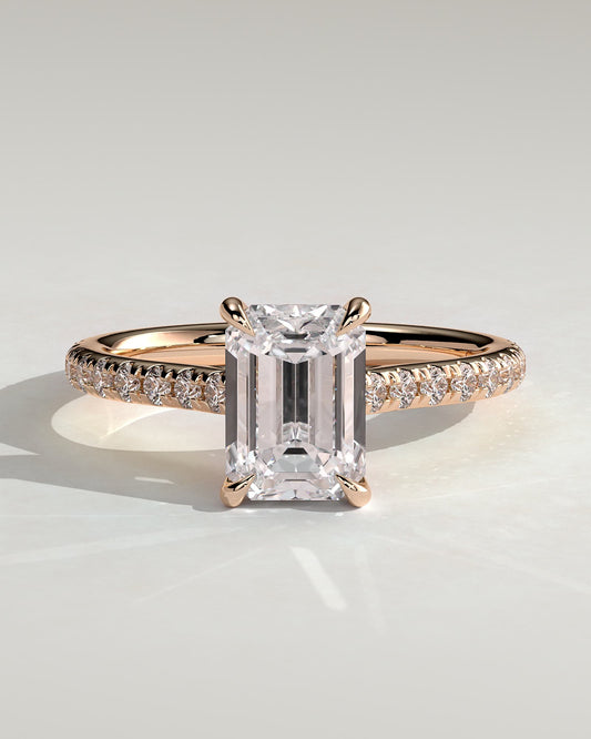 Rowena - Emerald Claw Solitaire with Hidden Halo, Pave Band and Cathedral High Setting Engagement Ring - Rose Gold