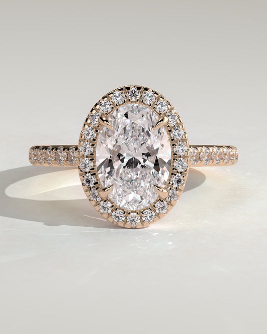 Sally - Oval Claw Solitaire with Halo and Pave Band and Cathedral High Setting Engagement Ring - Rose Gold