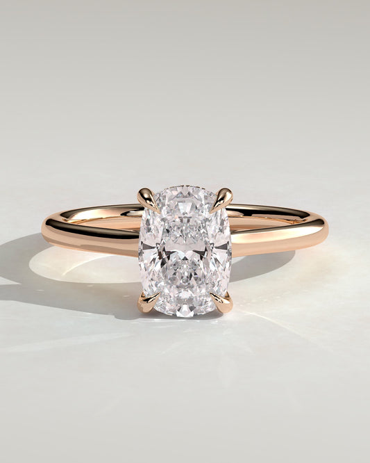 Yasmine - Elongated Cushion Claw Solitaire with Hidden Halo and Cathedral High Setting Engagement Ring - Rose Gold