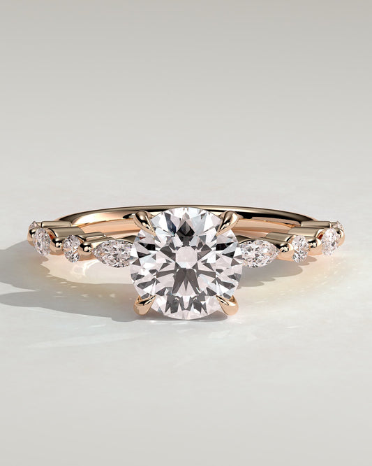 Zade - Round Claw Solitaire with Marquise and Round Accent Stones Engagement Ring - Rose Gold