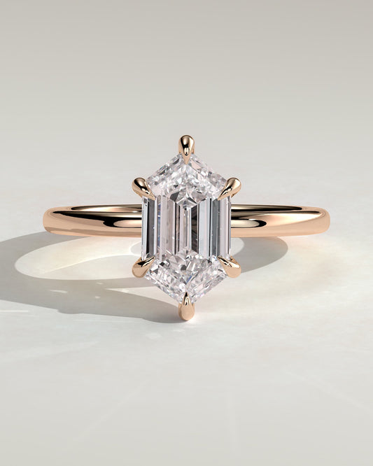 Delta - Elongated Hexagon Claw Solitaire with Hidden Halo Engagement Ring - Rose Gold