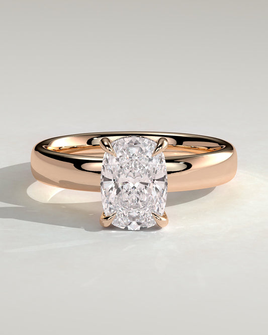 Cora - Elongated Cushion Claw Solitaire with Cigar Band and Hidden Halo Engagement Ring - Rose Gold