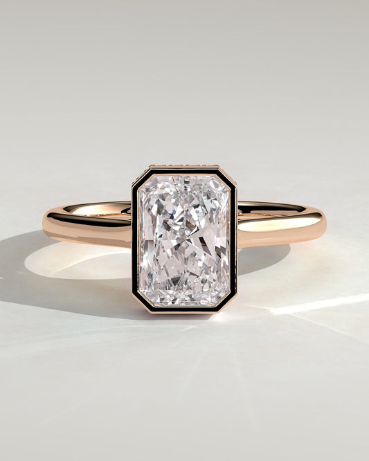 Bennie - Radiant Bezel Solitaire with Hidden Halo and Cathedral High Setting Engagement Ring - Rose Gold