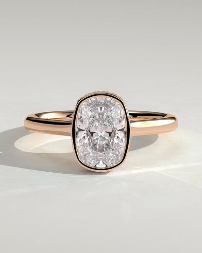 Everleigh - Elongated Cushion Bezel Solitaire with Hidden Halo and Cathedral High Setting Engagement Ring - Rose Gold