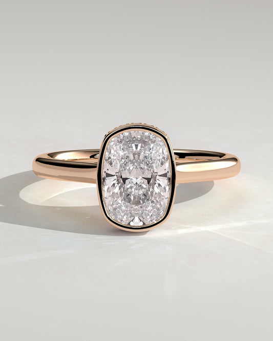 Everleigh - Elongated Cushion Bezel Solitaire with Hidden Halo and Cathedral High Setting Engagement Ring - Rose Gold