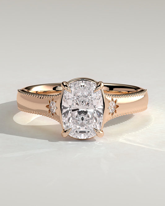Taylor - Vintage Style Elongated Cushion Claw Solitaire with Bezel Frame and Star Set Accent Stones, Milgrain and Pinched Reverse Tapered Band Engagement Ring - Rose Gold