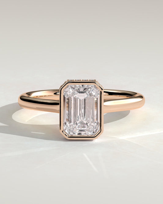 Valeria - Emerald Bezel Solitaire with Hidden Halo and Cathedral High Setting Engagement Ring - Rose Gold