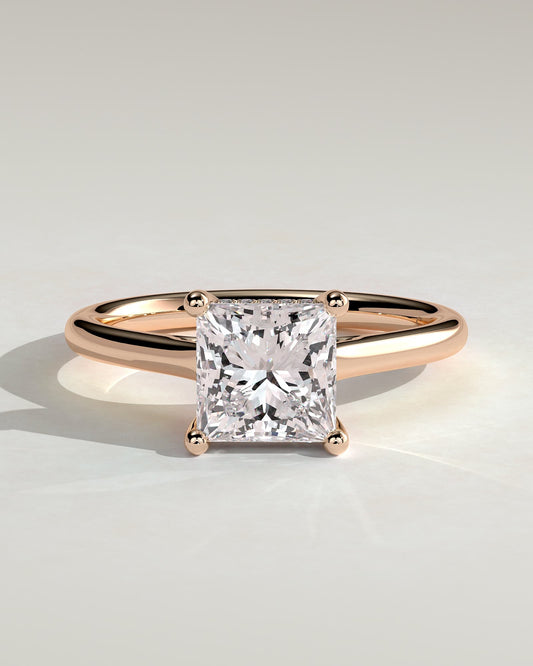 Natalie - Princess Claw Solitaire with Hidden Halo and Cathedral High Setting Engagement Ring - Rose Gold