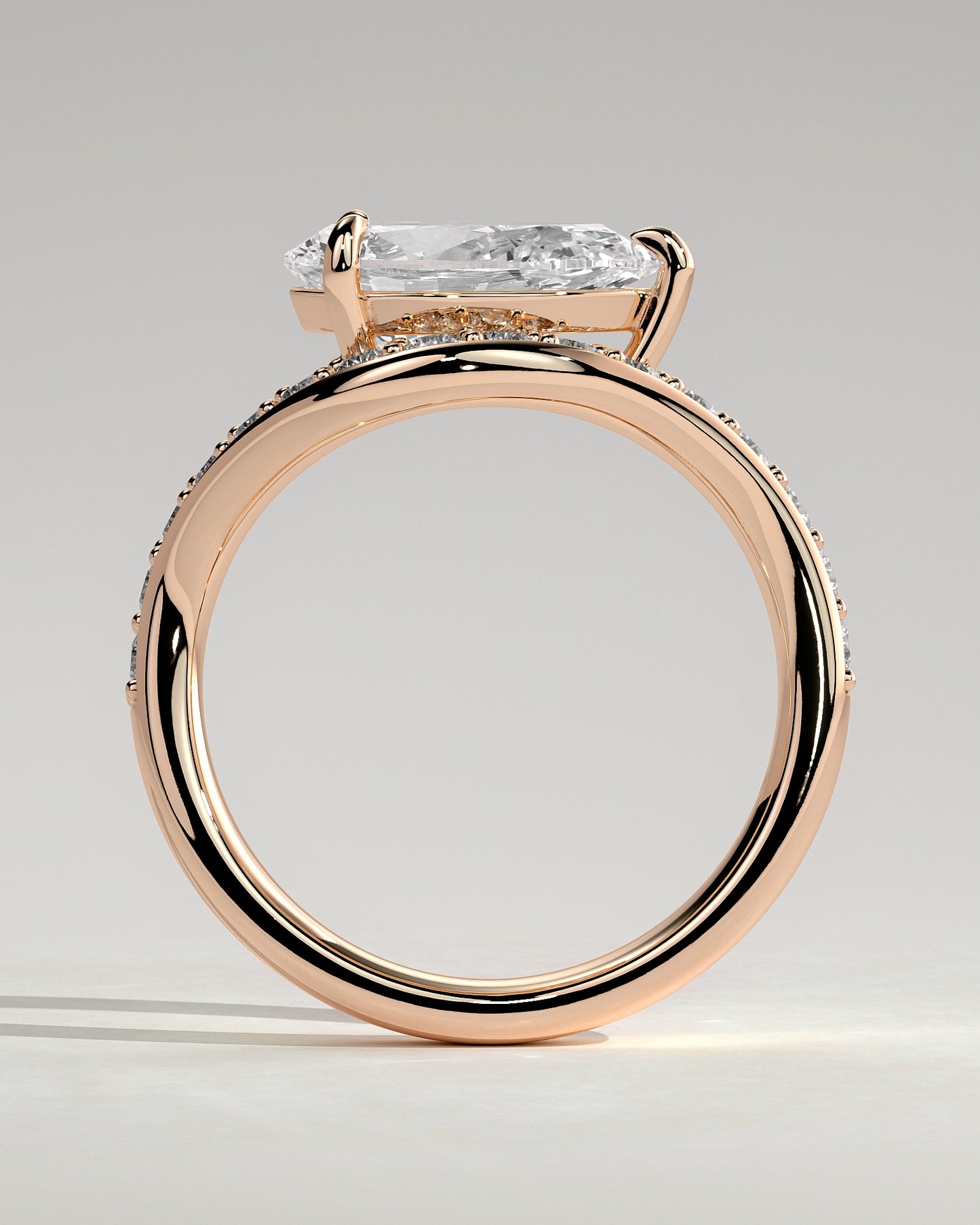 Eliza - Pear Claw Solitaire with Bead Set Pave Wave Band and East West Setting Engagement Ring - Rose Gold - Rose Gold 2ct