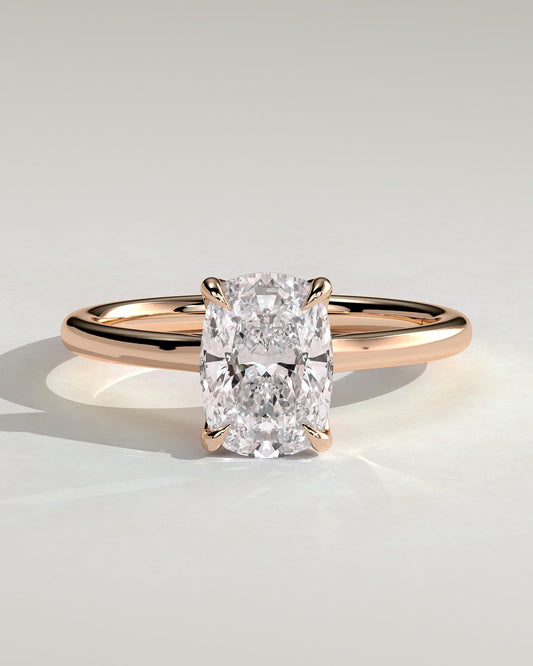 Melissa - Elongated Cushion Claw Solitaire with Petal Gallery, Accent Leaf Detail and Cathedral Setting Engagement Ring - Rose Gold