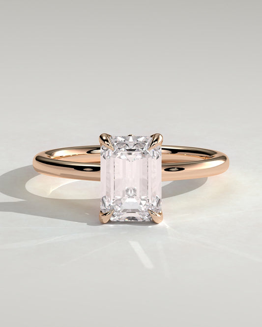 Rosalind - Emerald Claw Solitaire with Petal Gallery, Accent Leaf Detail and Cathedral Setting Engagement Ring - Rose Gold