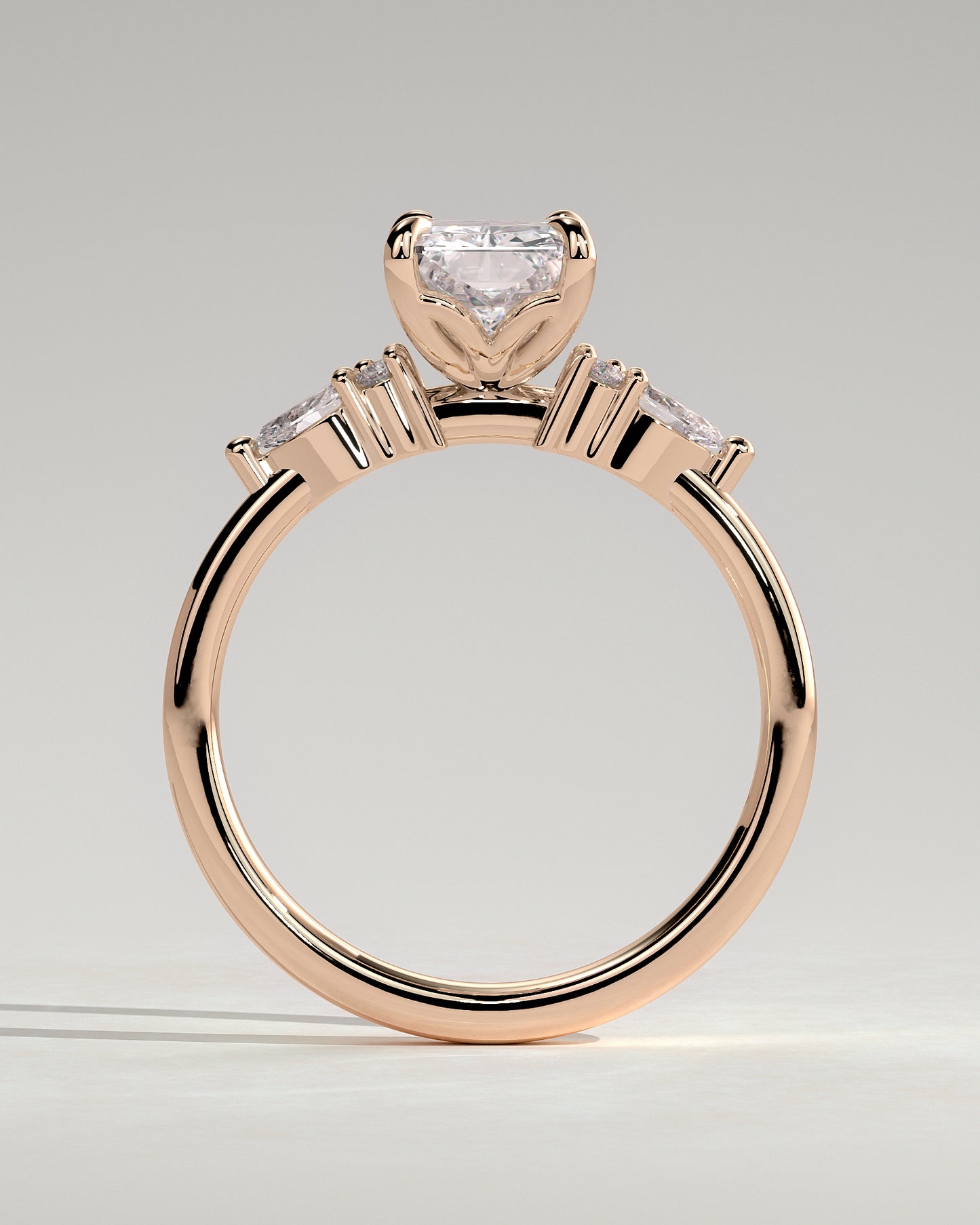 Heidi - Radiant Claw Solitaire with Pear Accents and Round Shoulder Stones Engagement Ring - Rose Gold - Rose Gold 2ct