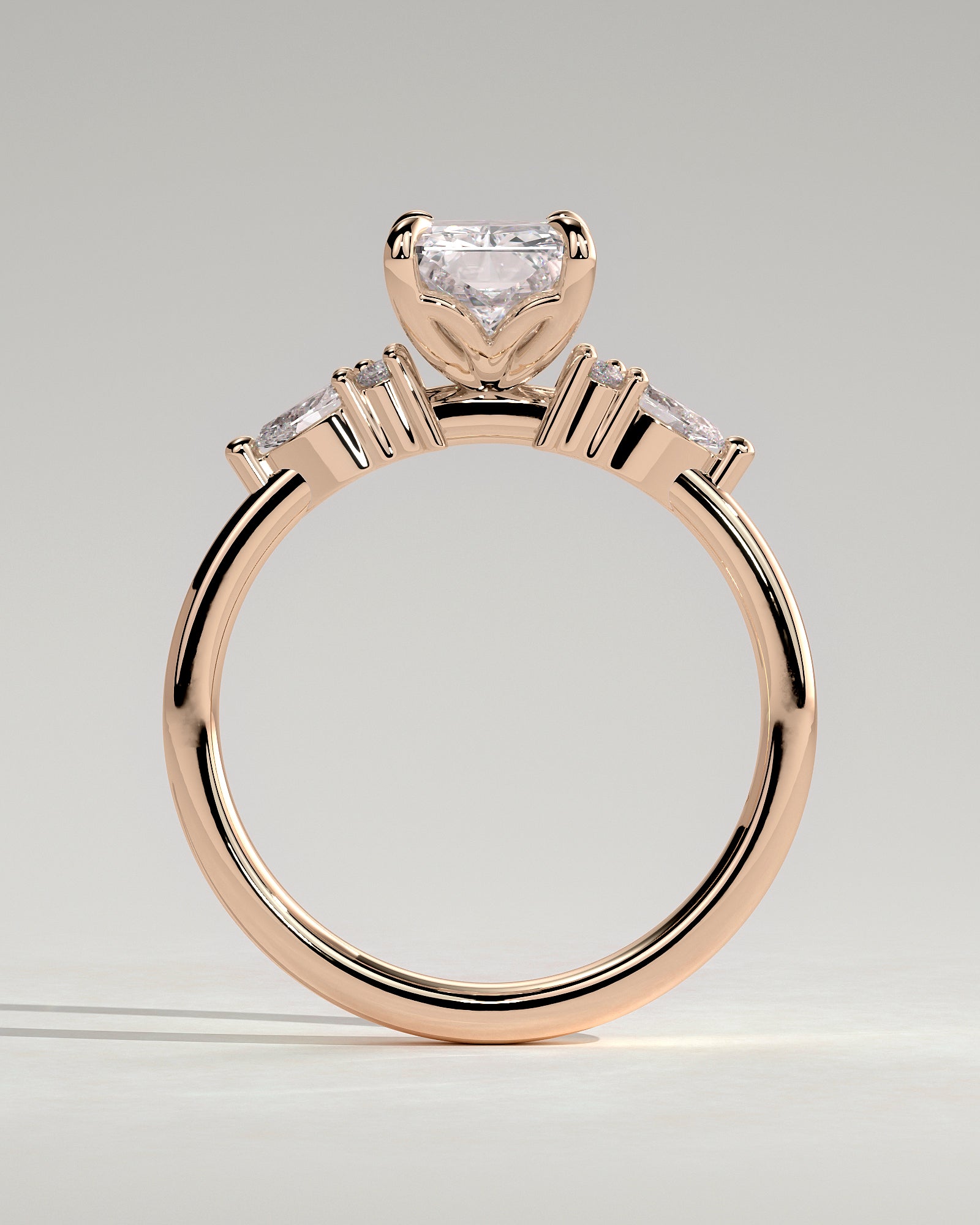 Heidi - Radiant Claw Solitaire with Pear Accents and Round Shoulder Stones Engagement Ring - Rose Gold - Rose Gold 2ct