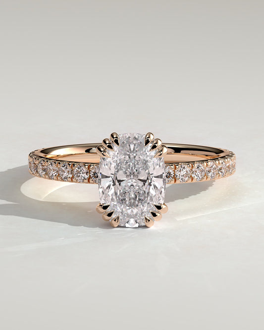 Mandy - Elongated Cushion Triple Claw Solitaire with Pave Band Engagement Ring - Rose Gold