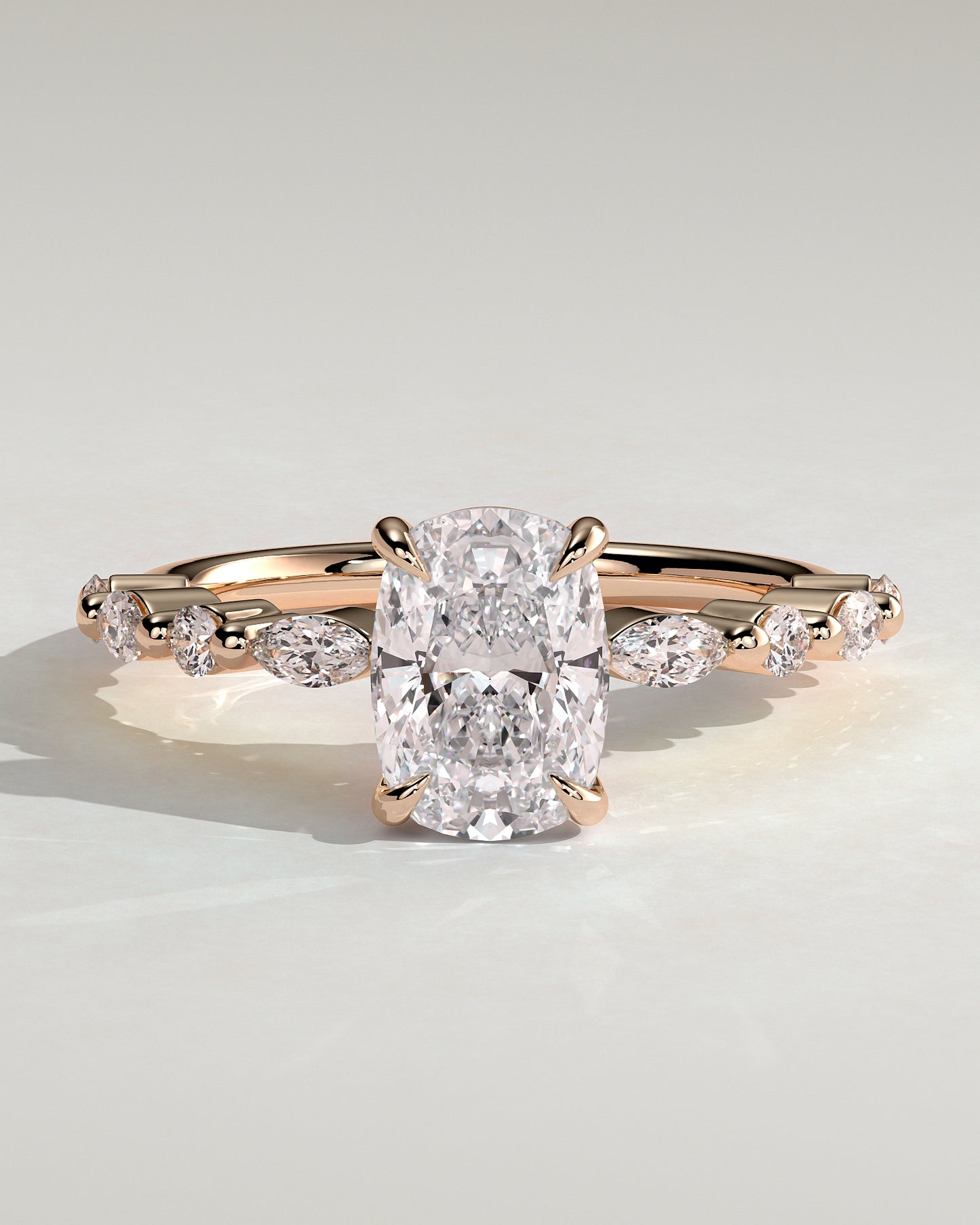 Delphine - Elongated Cushion Claw Solitaire with Marquise and Round Accent Stones Engagement Ring - Rose Gold - Rose Gold 2ct