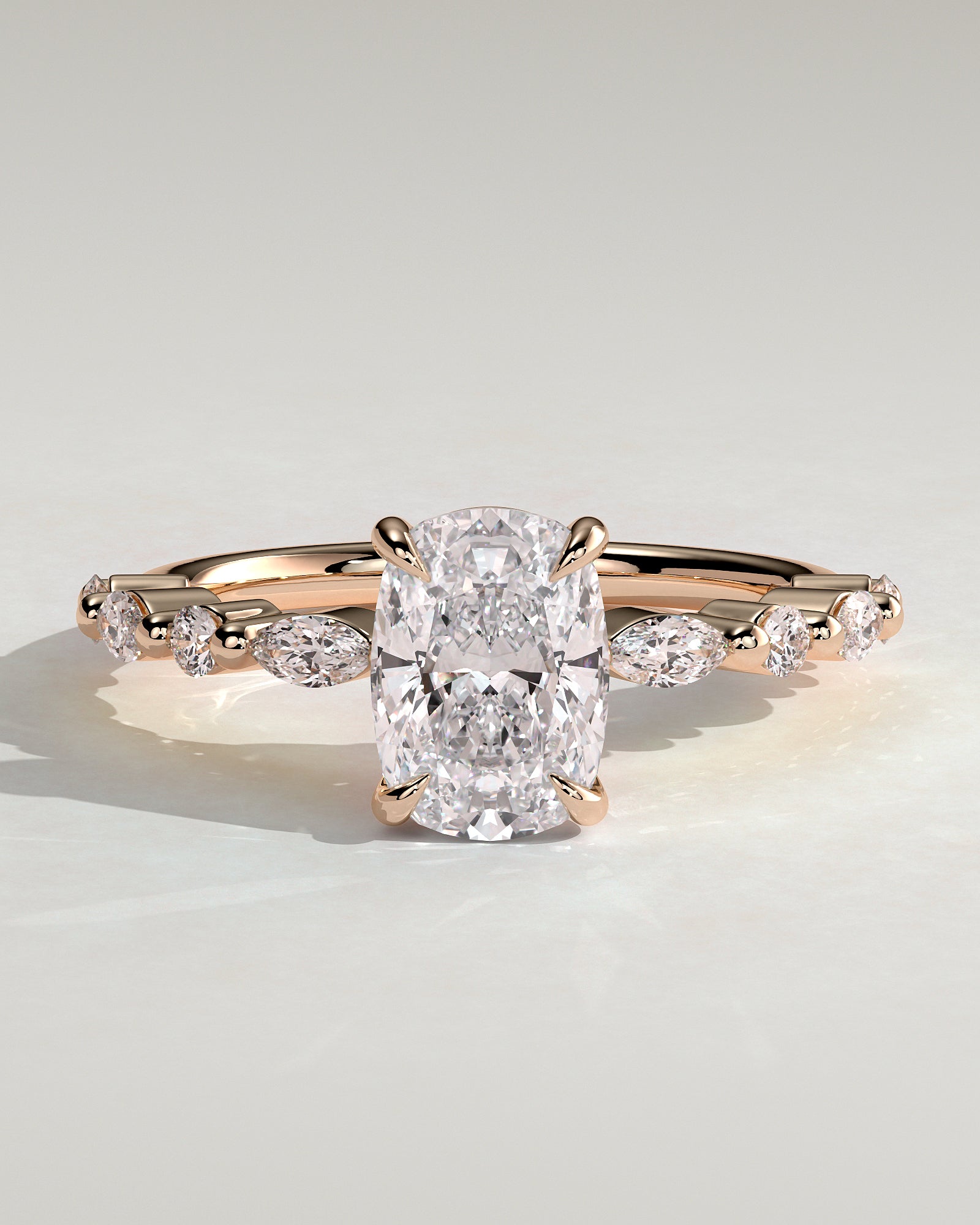 Delphine - Elongated Cushion Claw Solitaire with Marquise and Round Accent Stones Engagement Ring - Rose Gold - Rose Gold 2ct