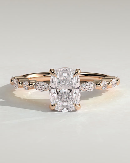 Delphine - Elongated Cushion Claw Solitaire with Marquise and Round Accent Stones Engagement Ring - Rose Gold