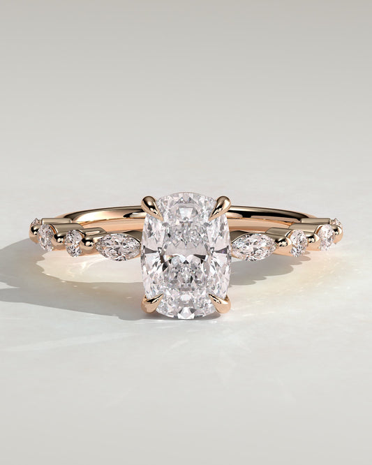 Delphine - Elongated Cushion Claw Solitaire with Marquise and Round Accent Stones Engagement Ring - Rose Gold