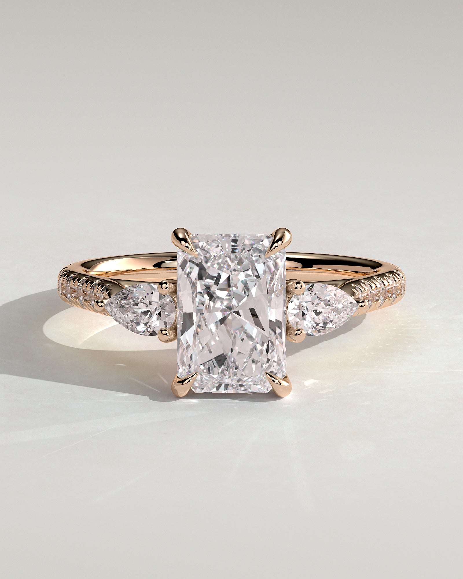 Ginny - Radiant Claw Trilogy with Pear Side Stones and Pave Band Engagement Ring - Rose Gold - Rose Gold 2ct