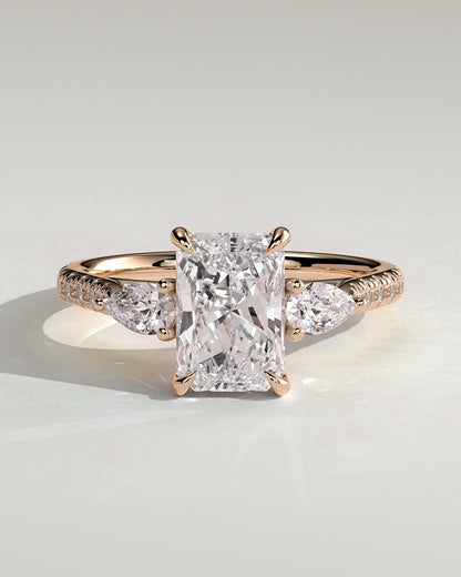 Ginny - Radiant Claw Trilogy with Pear Side Stones and Pave Band Engagement Ring - Rose Gold