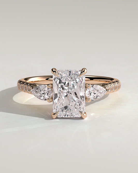 Ginny - Radiant Claw Trilogy with Pear Side Stones and Pave Band Engagement Ring - Rose Gold