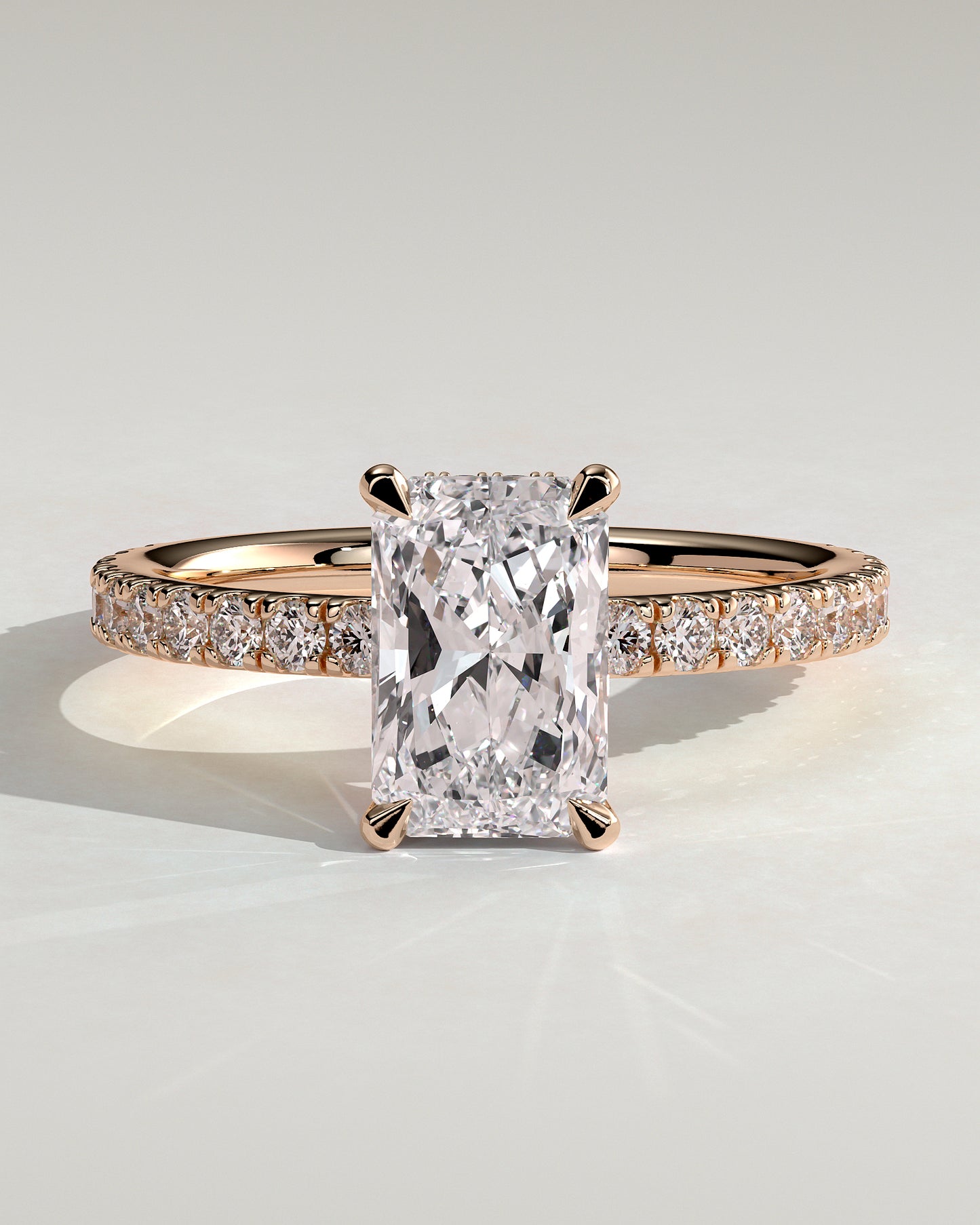 Ellie - Radiant Claw Solitaire with Wrap Around Hidden Halo and Pave Band Engagement Ring - Rose Gold - Rose Gold 2ct