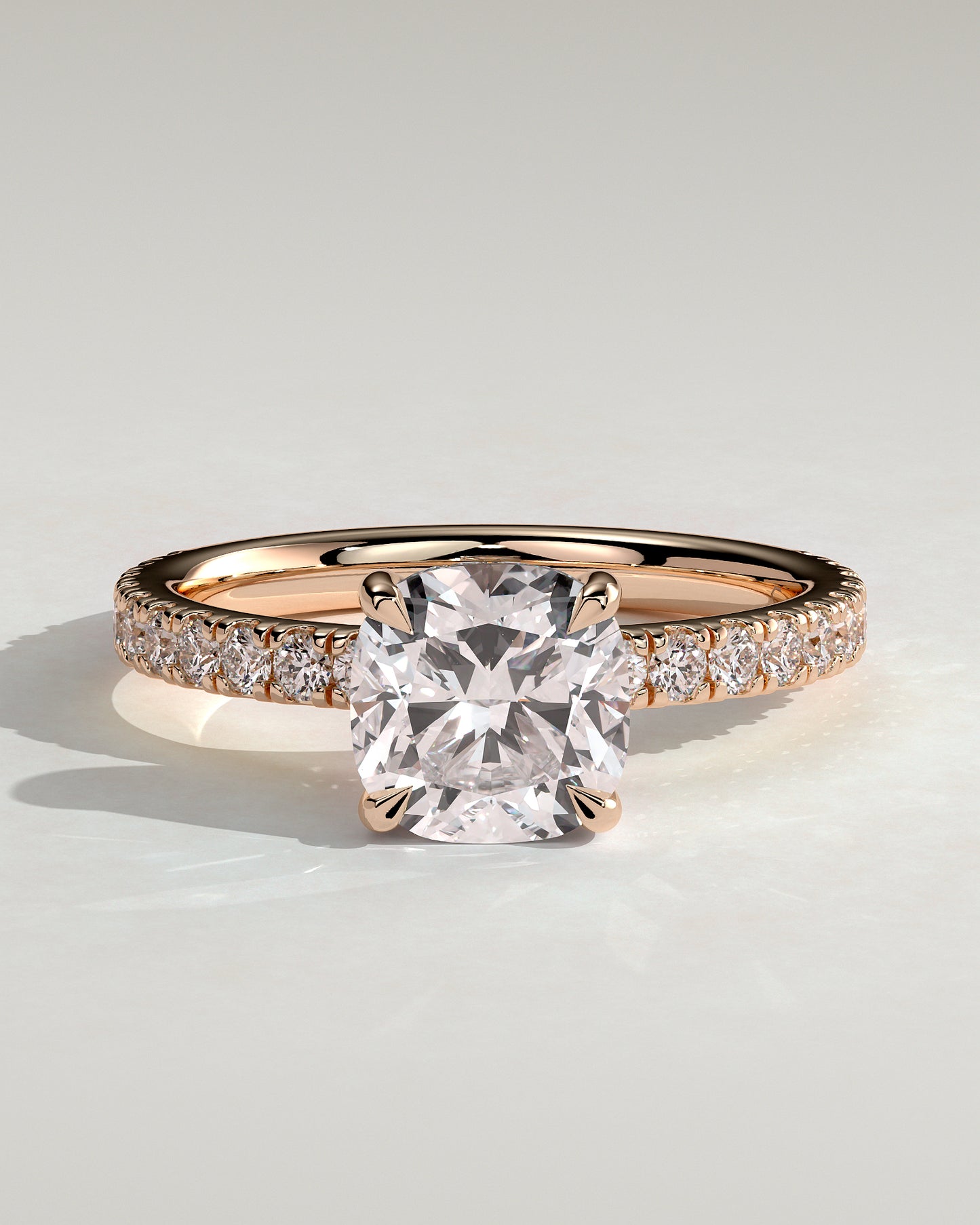 Claudia - Cushion Claw Solitaire with Hidden Halo and Pave Band Engagement Ring - Rose Gold - Rose Gold 2ct