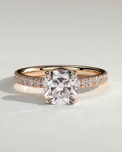 Claudia - Cushion Claw Solitaire with Hidden Halo and Pave Band Engagement Ring - Rose Gold