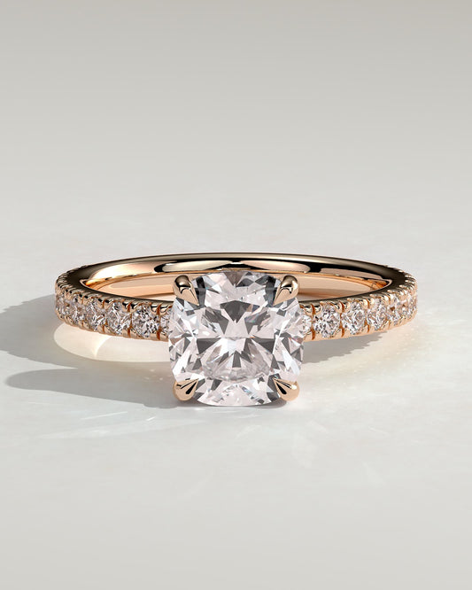 Claudia - Cushion Claw Solitaire with Hidden Halo and Pave Band Engagement Ring - Rose Gold
